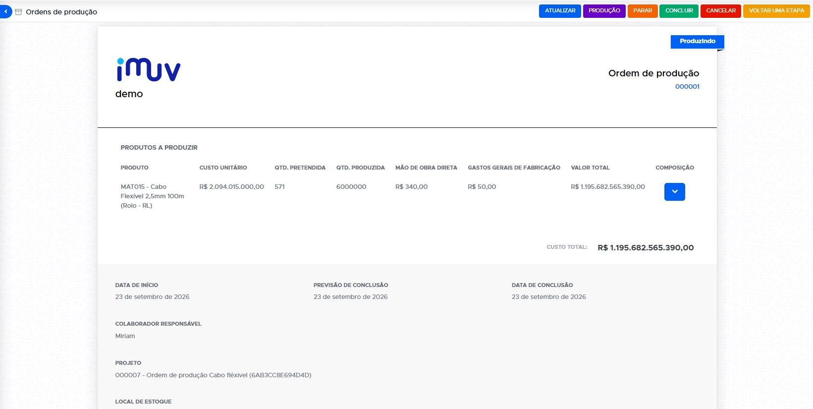Tela do módulo Ordem de produção na iMuv