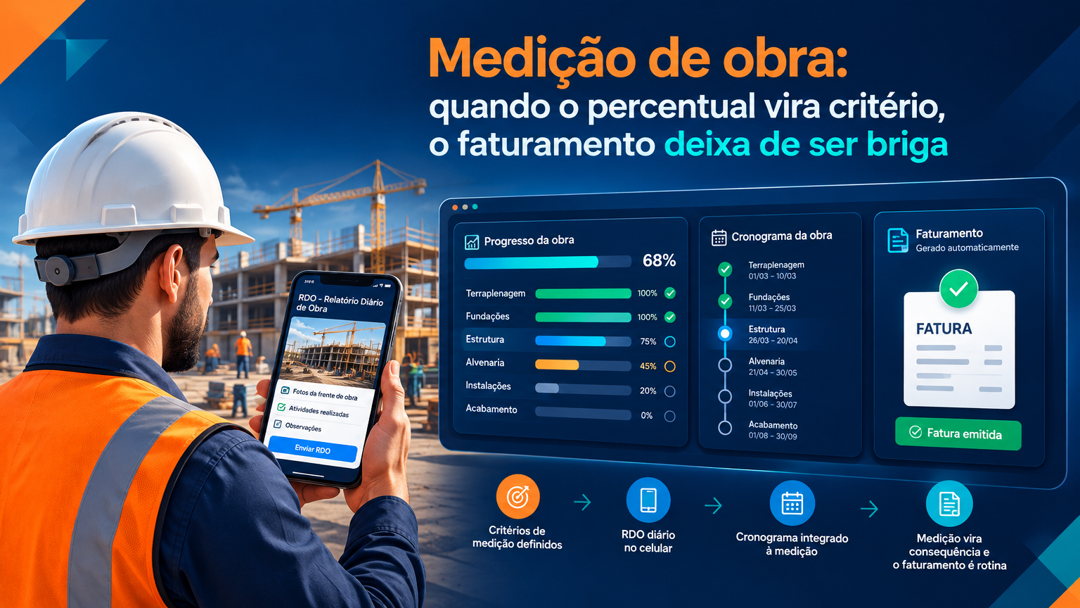 Medição de obra: quando o percentual vira critério, o faturamento deixa de ser briga Critério definido, RDO no celular e cronograma integrado: como a ¡Muv transforma a medição de obra em consequência - e o faturamento em rotina.
